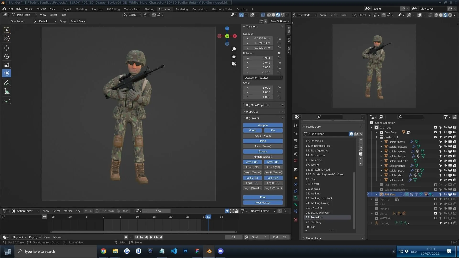 Cartoon Soldier Male Army Character 3D model in Blender workspace